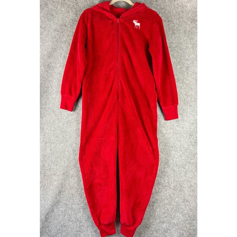 Abercrombie Fitch Kids One Piece Pajama 15/16 Red Hooded Moose‎ Cozy Christmas